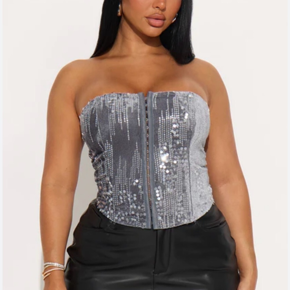 Fashion Nova Silver Sequin Strapless Top